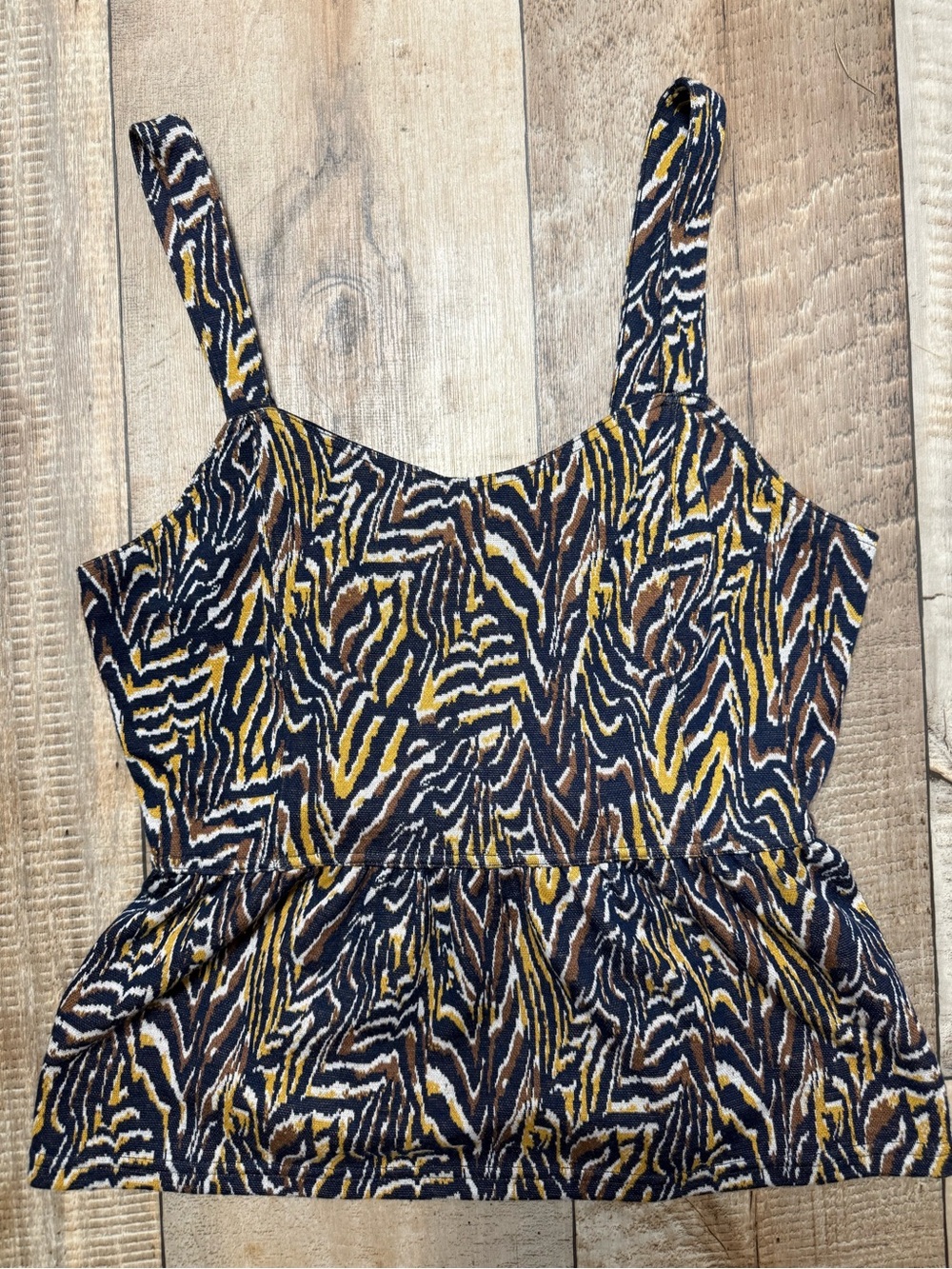 Anthropology Sleeveless Peplum One-Piece in Navy, Mustard & Brown